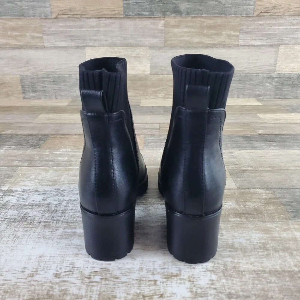 MIA Jasper Womens Lug Ankle Boots Sz 7.5 M Black Leather Ribbed Knit Cushioned